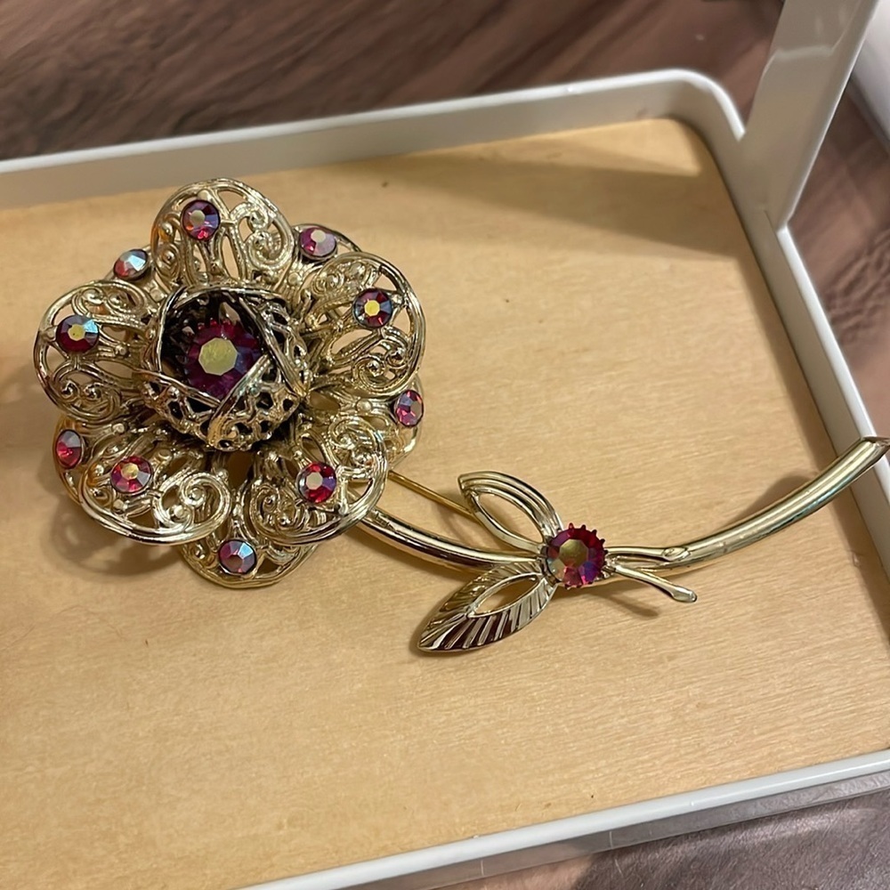 Vintage Sarah Coventry Large Red Aurora Borealis Rose Brooch / Pin
